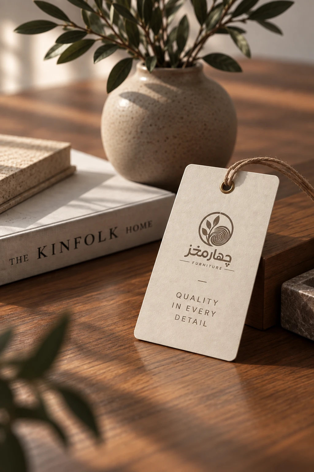 Sharmagz branded furniture tag in a warm interior setting