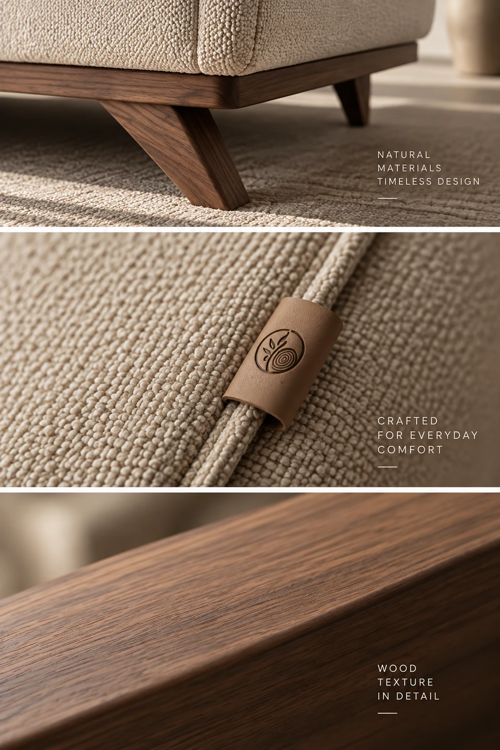 Sharmagz furniture detail study showing upholstery, label and wood