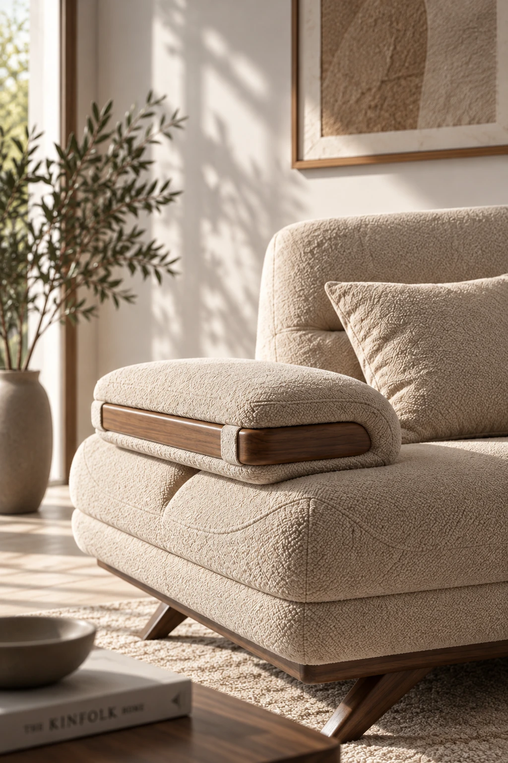 Close view of the Sharmagz sofa upholstery and wooden armrest